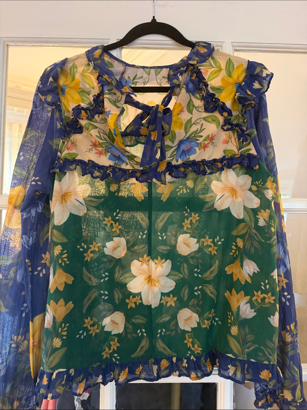 FARM RIO Sheer Ruffled Floral Blouse Long Sleeve High Neck - Picture 2 of 3